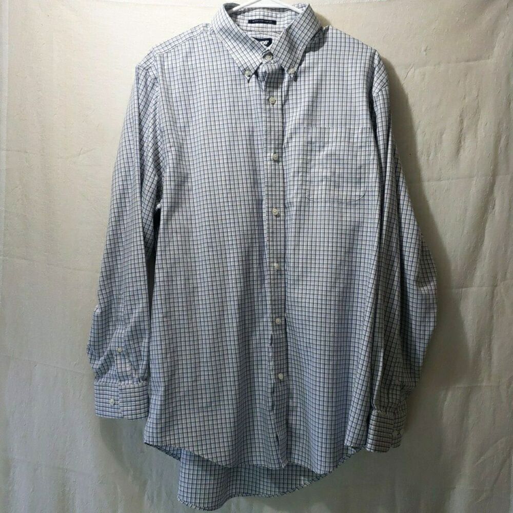 Lands' End Men 17-35 XL Blue White Tattersall Check No Iron Supima Cotton Shirt